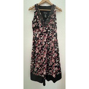 *S.L. FASHIONS Womens Black Geometric Beaded V-Neck Empire Waist Dress Sz 6 Y2K